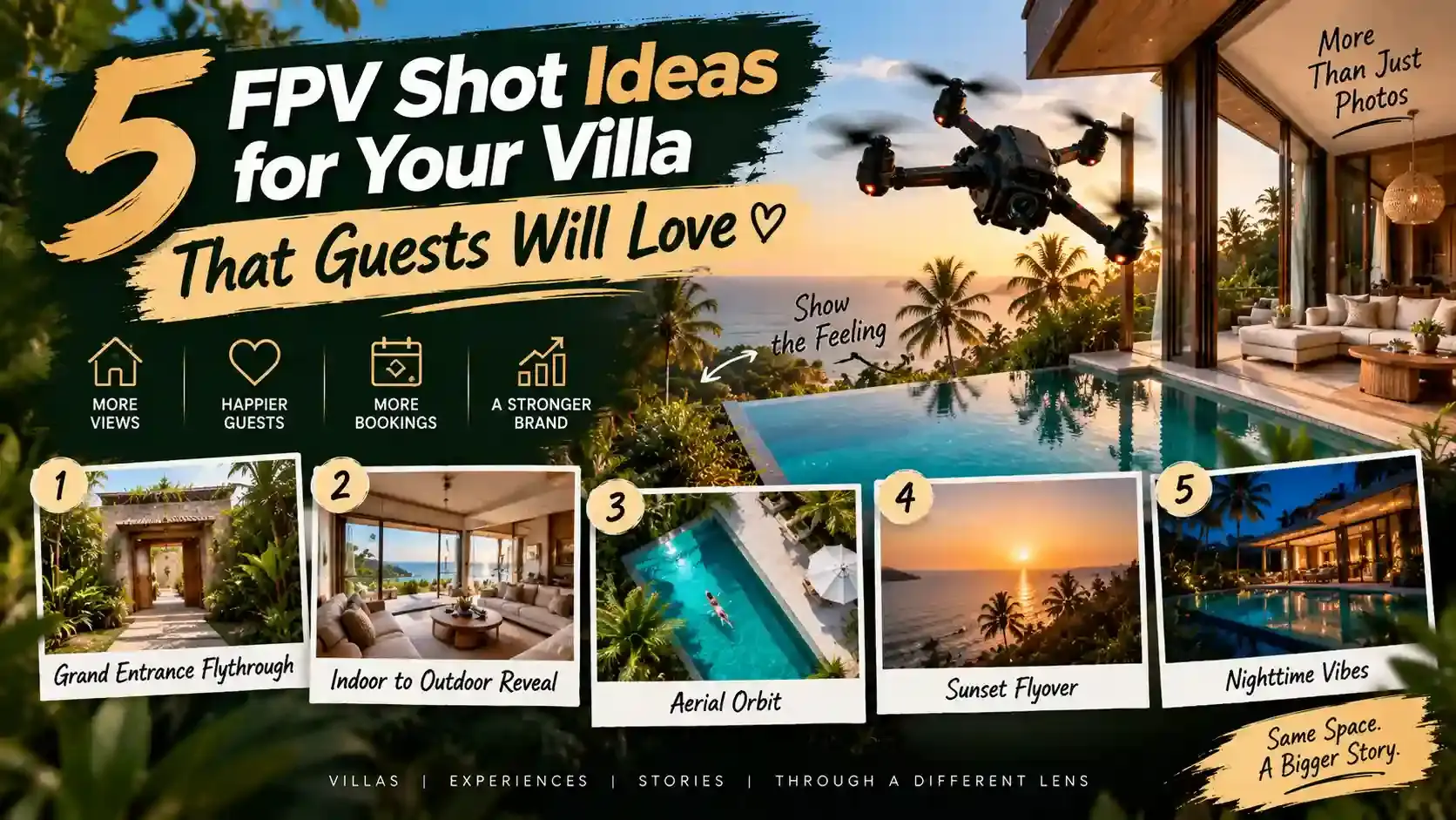 Banner reading “5 FPV Shot Ideas for Your Villa That Guests Will Love”, with five numbered example frames: a grand entrance, an indoor-to-outdoor reveal, an aerial pool orbit, a sunset flyover and a lit villa at night