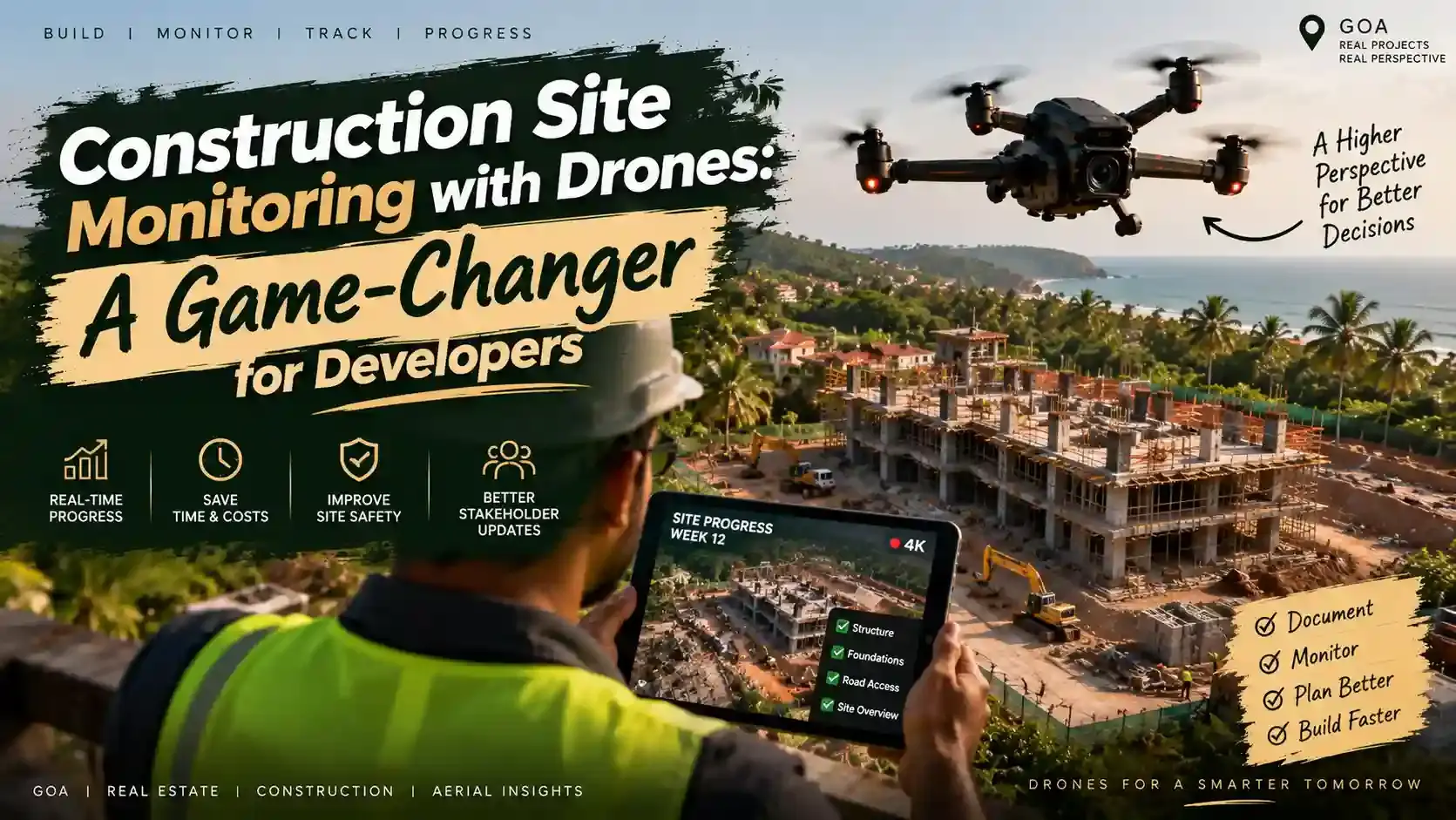Banner reading “Construction Site Monitoring with Drones: A Game-Changer for Developers” over a site supervisor in a hi-vis vest reviewing aerial site footage on a tablet above a Goa construction site