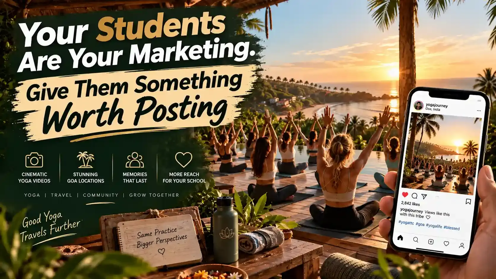 Banner reading “Your Students Are Your Marketing. Give Them Something Worth Posting” over a class practising on a clifftop deck at sunset, beside a phone showing one of them posting it