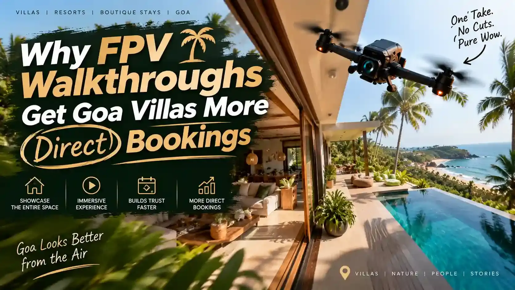 Banner reading “Why FPV Walkthroughs Get Goa Villas More Direct Bookings” over an open-sided villa living room looking out to a pool, palms and the sea