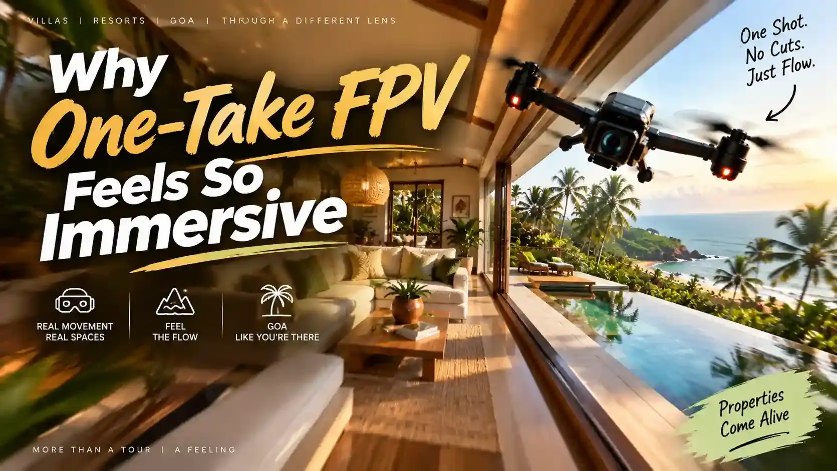 Banner reading “Why One-Take FPV Feels So Immersive” over a villa living room opening onto a pool, palms and the sea, with a drone mid-flight through the doorway