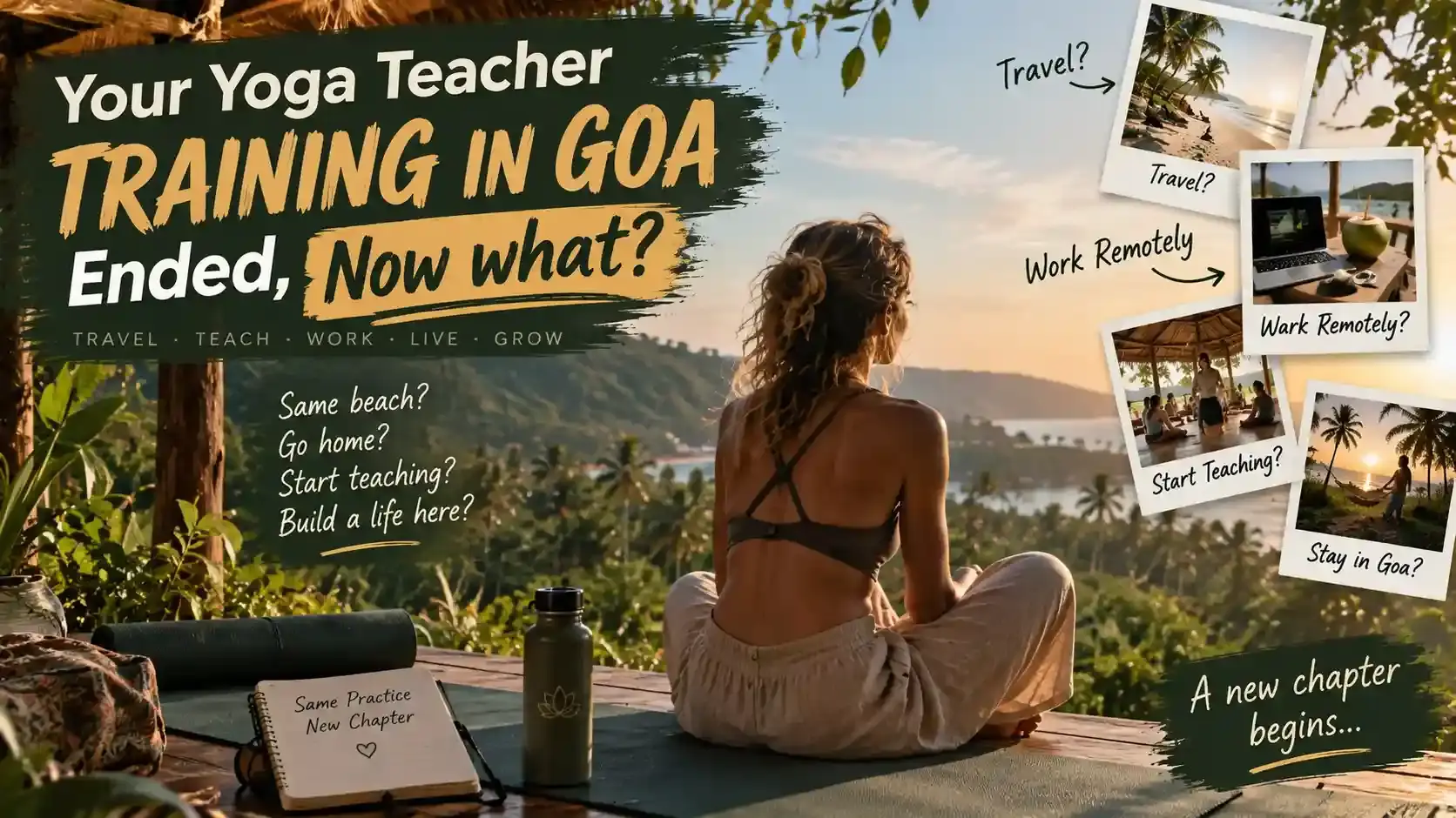 Banner reading “Your Yoga Teacher Training in Goa Ended, Now what?” over a woman sitting cross-legged on a deck above palms and the sea at sunset