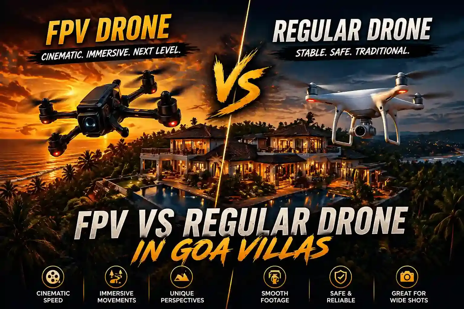 FPV vs regular drone videography for villas in Goa