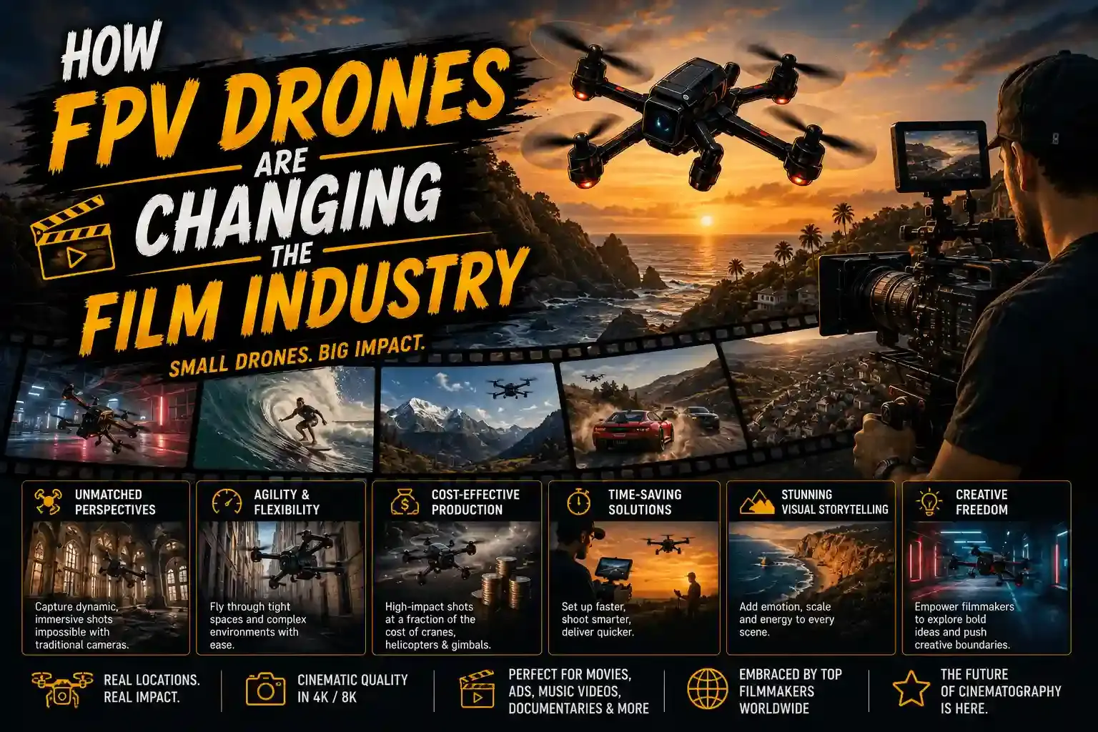 FPV drone with a high-end cinema camera flying through a controlled film set