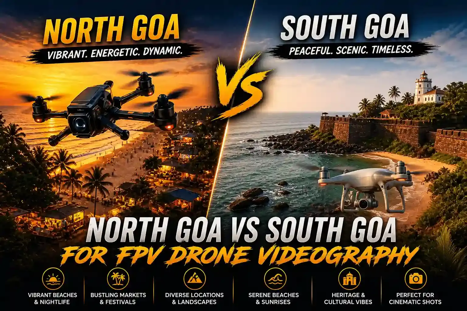 Split screen comparison of North Goa villa and South Goa coastline captured by FPV drone