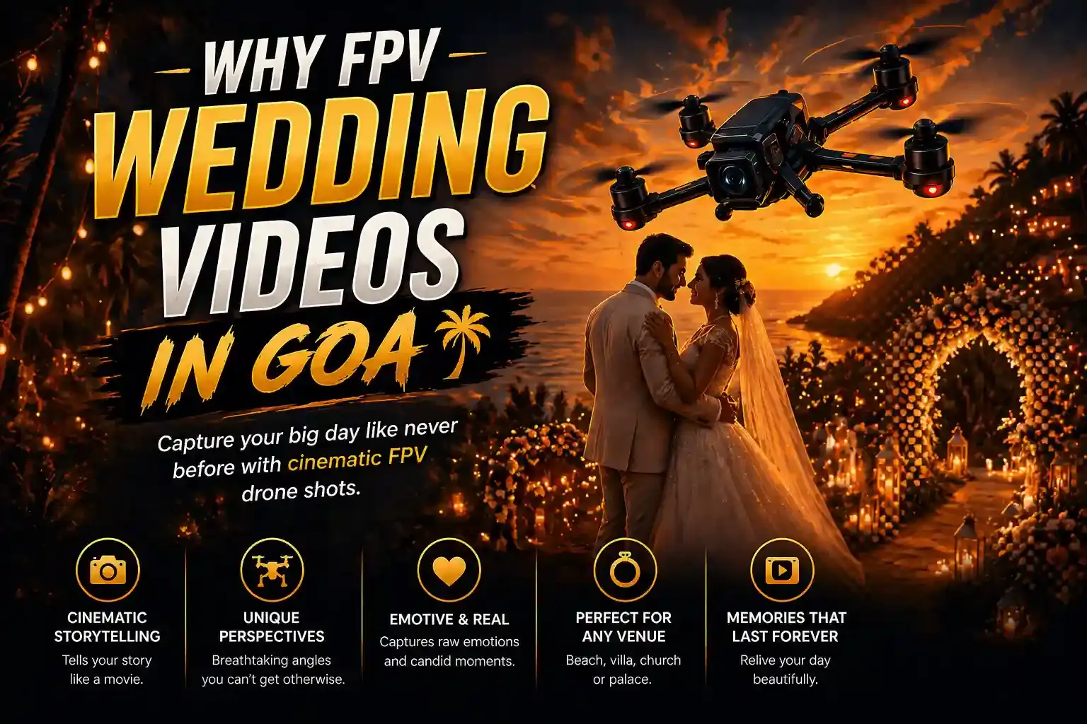 FPV drone capturing a cinematic flythrough of a beachfront wedding in Goa